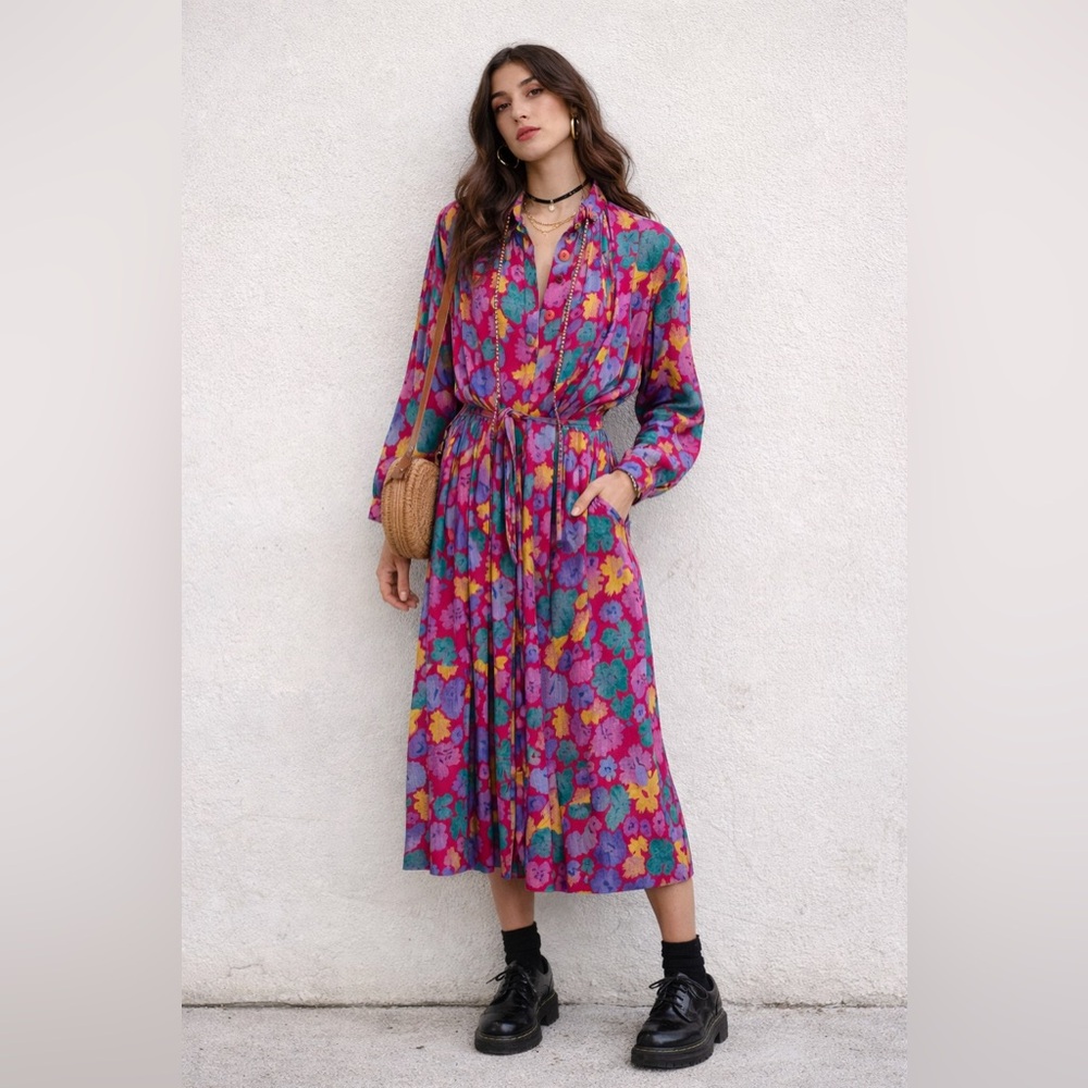 Vintage 80s Floral Midi Dress Pink Teal Pleated Secretary Dress Tie Neck Retro